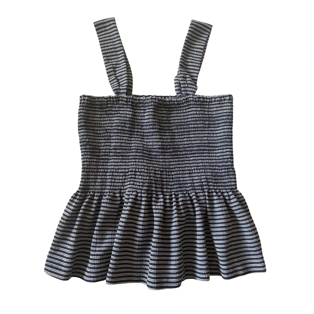 Madewell Top Womens Medium Navy Stripe Texture & Thread Smocked Peplum Tank